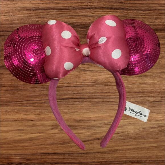 Disney Parks Hot Pink Sequin Polka dot Bow Minnie Mouse Ear Headband - Picture 1 of 1